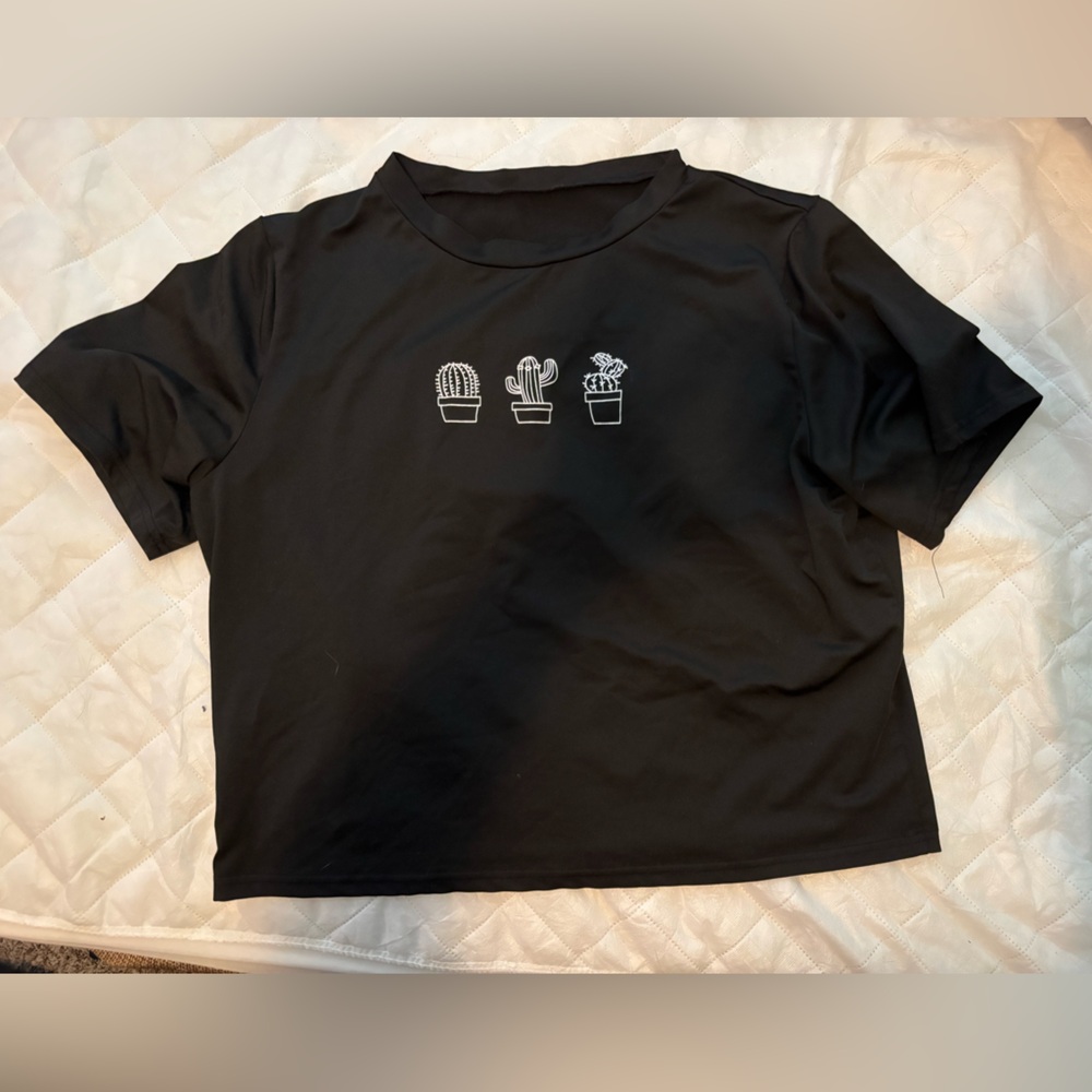 Black Crop Top with Cactus Print